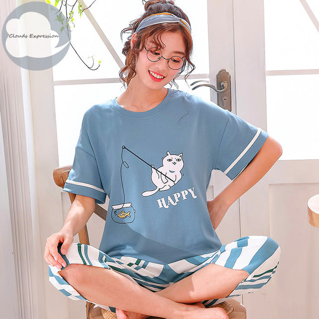 Summer Knitted Cotton Cartoon Pajamas Set Women Pyjamas Sleepwear Nightwear Pijama Mujer Plus size Calf-Length Pants Homewear