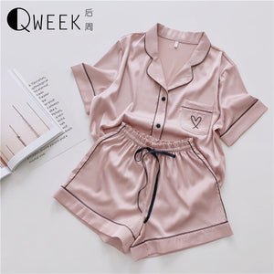 QWEEK Pajamas for Women Silk Home Wear Short Sleeve Loungewear Pyjamas Women Pijama Sleepwear Pj Set Satin Nightwear Set 2020